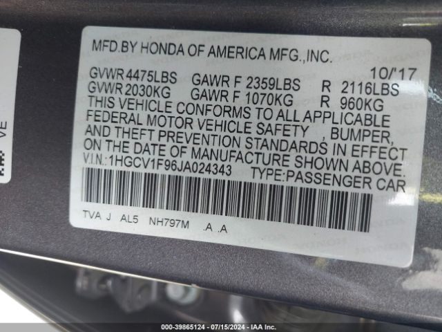 Photo 8 VIN: 1HGCV1F96JA024343 - HONDA ACCORD 