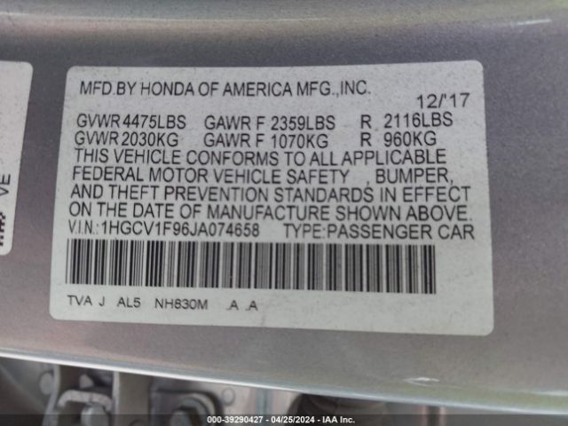 Photo 8 VIN: 1HGCV1F96JA074658 - HONDA ACCORD 