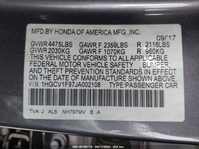 Photo 8 VIN: 1HGCV1F97JA002108 - HONDA ACCORD 