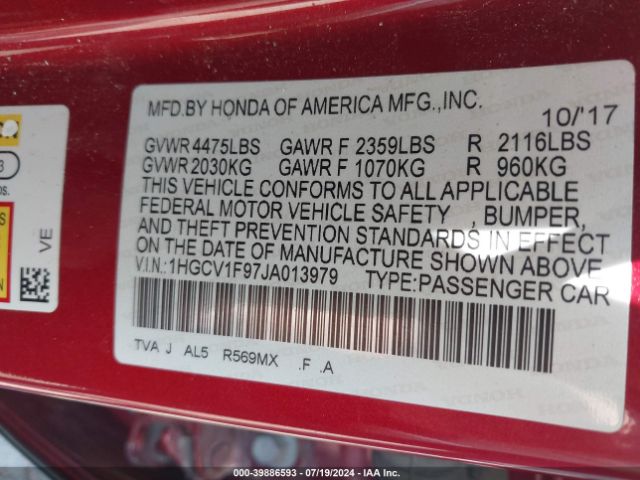 Photo 8 VIN: 1HGCV1F97JA013979 - HONDA ACCORD 