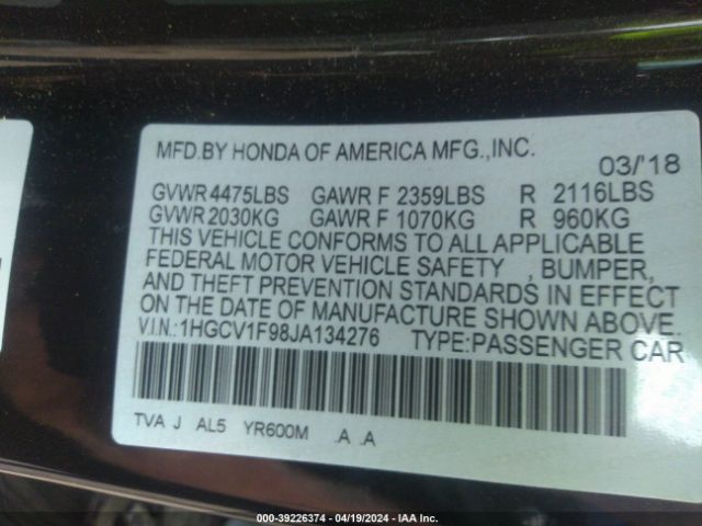 Photo 8 VIN: 1HGCV1F98JA134276 - HONDA ACCORD 