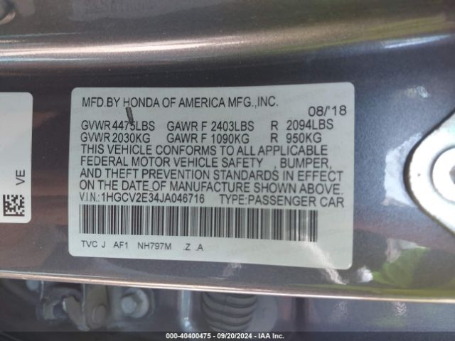 Photo 8 VIN: 1HGCV2E34JA046716 - HONDA ACCORD 