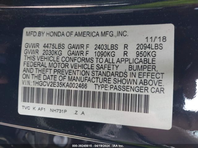 Photo 8 VIN: 1HGCV2E35KA002466 - HONDA ACCORD 