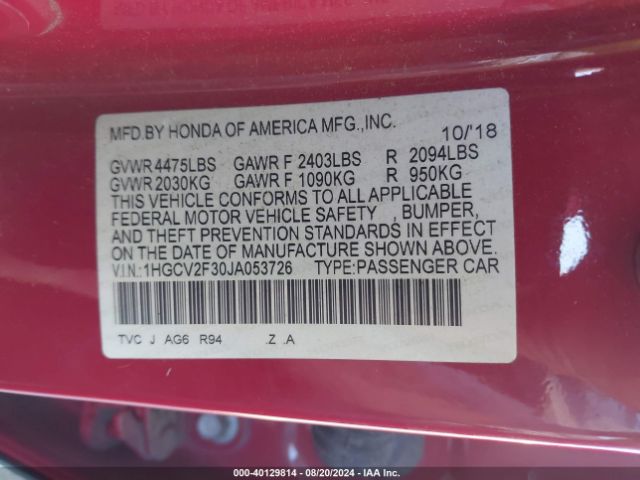 Photo 8 VIN: 1HGCV2F30JA053726 - HONDA ACCORD 