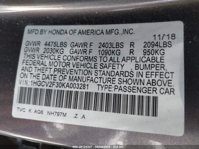 Photo 8 VIN: 1HGCV2F30KA003281 - HONDA ACCORD 