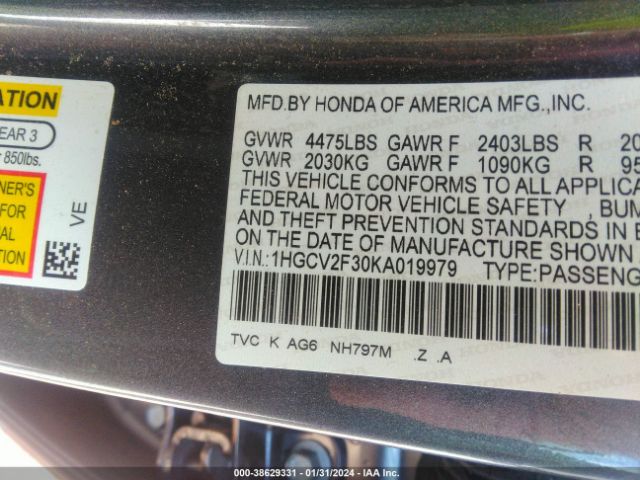 Photo 8 VIN: 1HGCV2F30KA019979 - HONDA ACCORD 