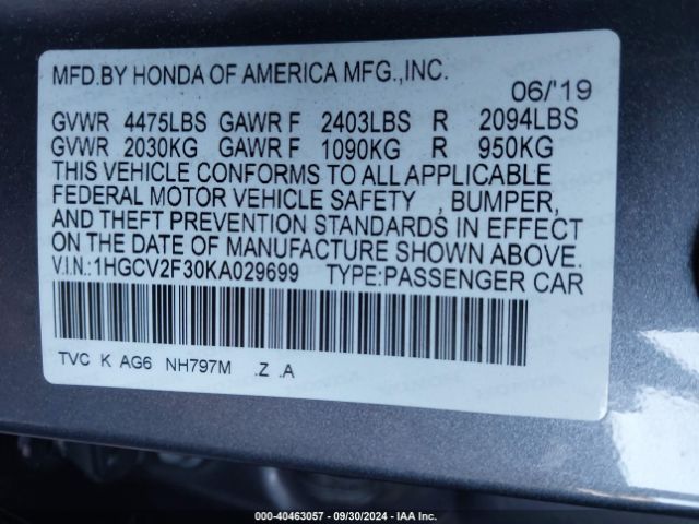 Photo 8 VIN: 1HGCV2F30KA029699 - HONDA ACCORD 