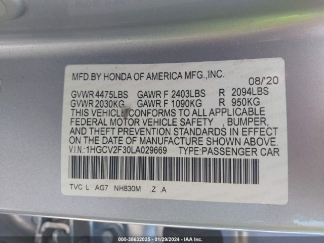 Photo 8 VIN: 1HGCV2F30LA029669 - HONDA ACCORD 