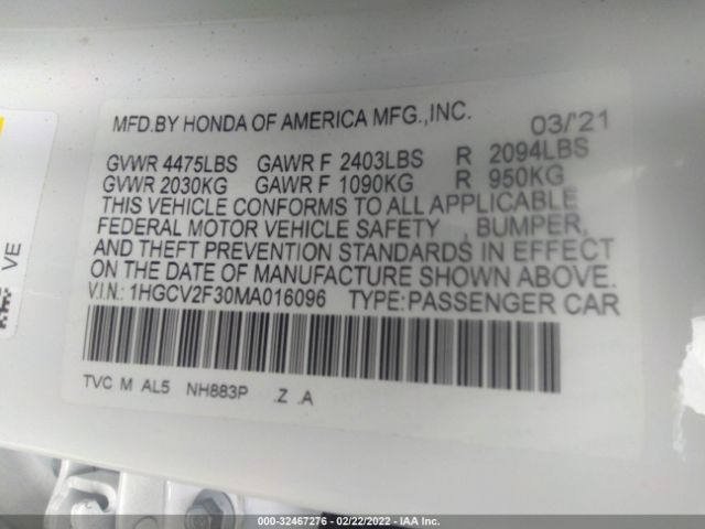 Photo 8 VIN: 1HGCV2F30MA016096 - HONDA ACCORD SEDAN 