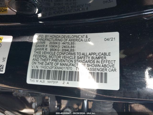 Photo 8 VIN: 1HGCV2F30MA017670 - HONDA ACCORD 