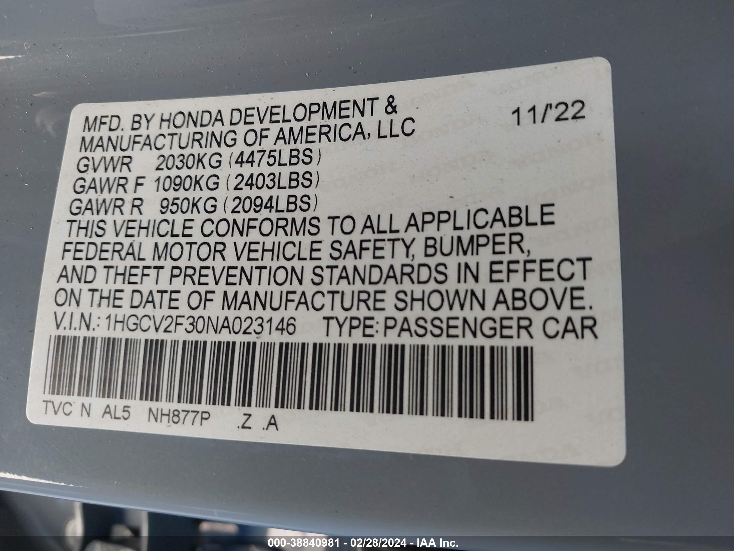 Photo 8 VIN: 1HGCV2F30NA023146 - HONDA ACCORD 