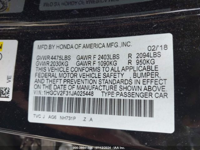 Photo 8 VIN: 1HGCV2F31JA025448 - HONDA ACCORD 