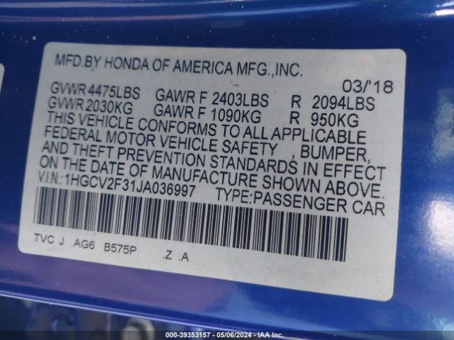 Photo 8 VIN: 1HGCV2F31JA036997 - HONDA ACCORD 