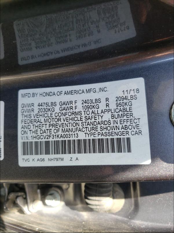 Photo 9 VIN: 1HGCV2F31KA003113 - HONDA ACCORD SPO 