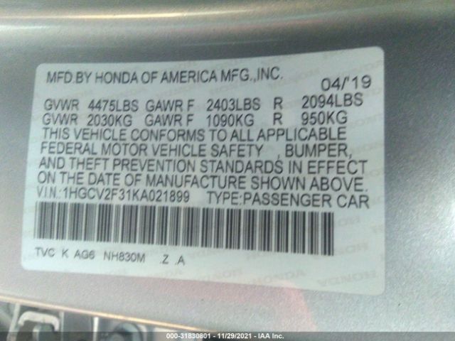 Photo 8 VIN: 1HGCV2F31KA021899 - HONDA ACCORD SEDAN 