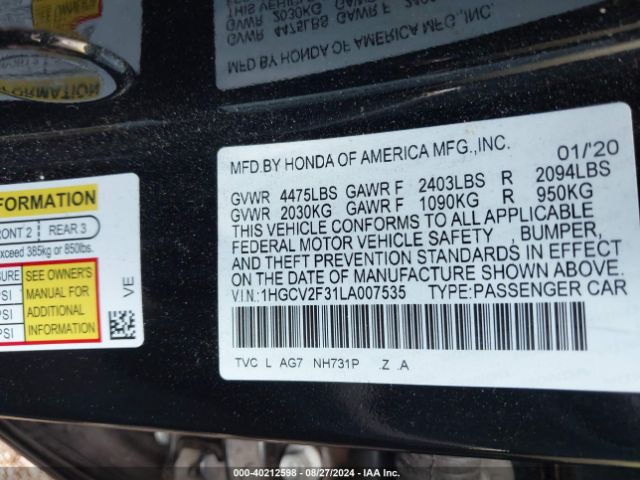 Photo 8 VIN: 1HGCV2F31LA007535 - HONDA ACCORD 