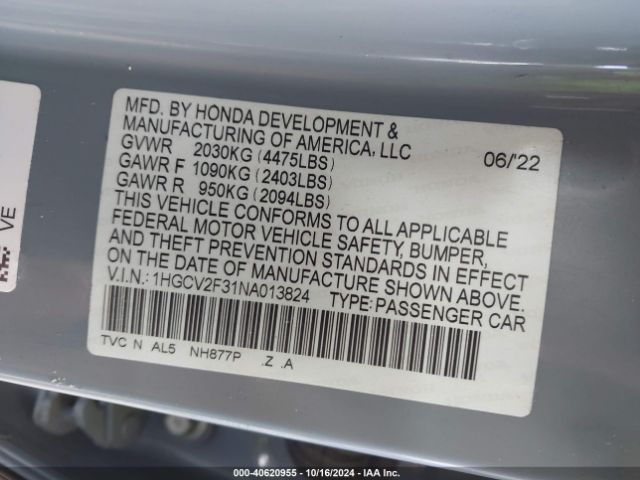 Photo 8 VIN: 1HGCV2F31NA013824 - HONDA ACCORD 