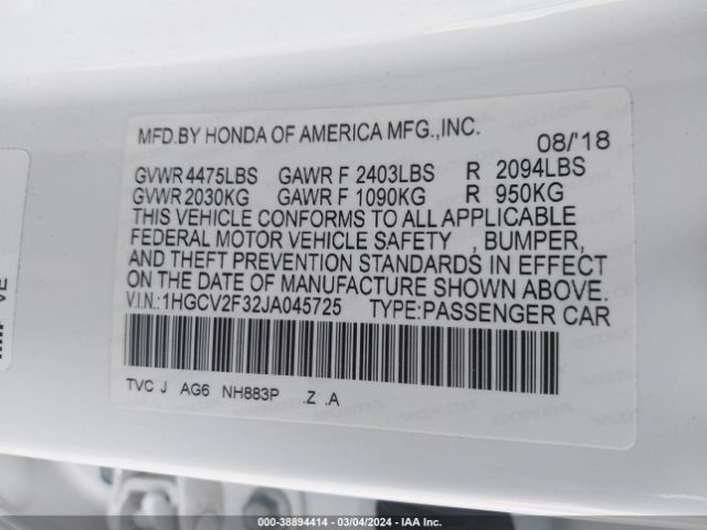 Photo 8 VIN: 1HGCV2F32JA045725 - HONDA ACCORD 