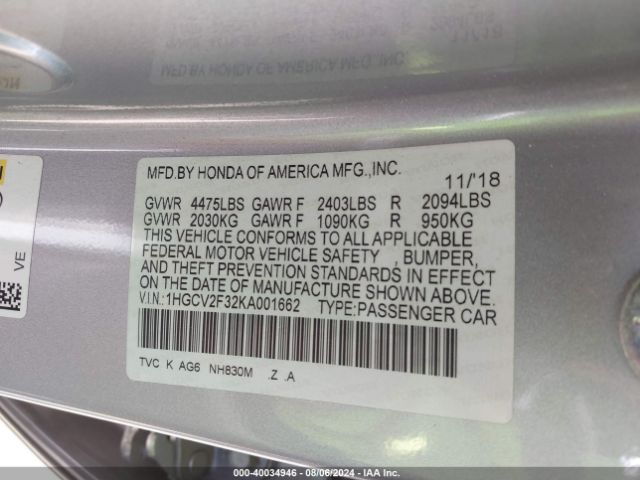 Photo 8 VIN: 1HGCV2F32KA001662 - HONDA ACCORD 