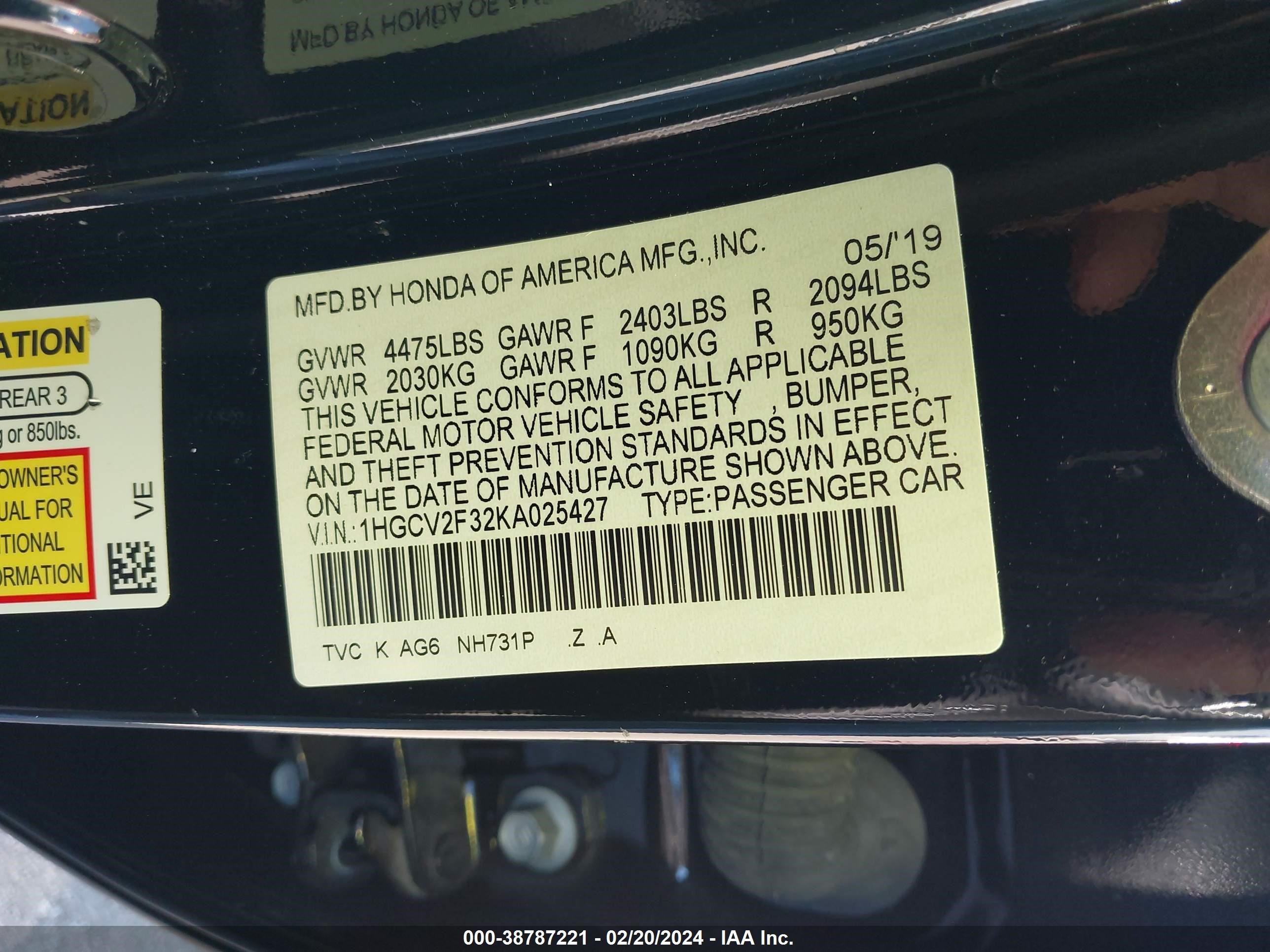 Photo 8 VIN: 1HGCV2F32KA025427 - HONDA ACCORD 