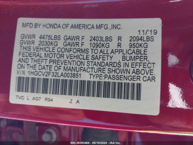 Photo 8 VIN: 1HGCV2F32LA003851 - HONDA ACCORD 