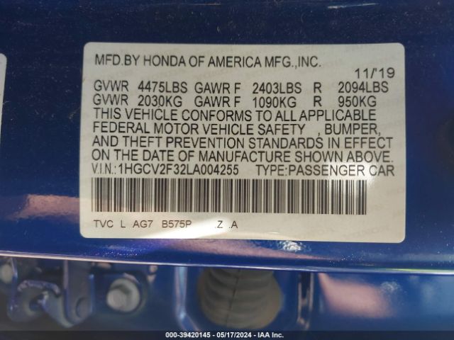 Photo 8 VIN: 1HGCV2F32LA004255 - HONDA ACCORD 