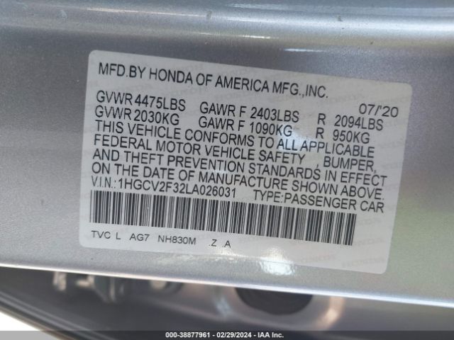 Photo 8 VIN: 1HGCV2F32LA026031 - HONDA ACCORD 