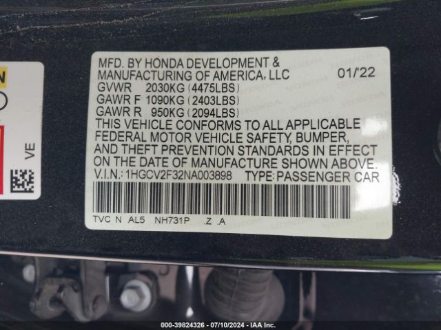 Photo 8 VIN: 1HGCV2F32NA003898 - HONDA ACCORD 