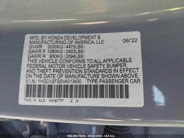 Photo 8 VIN: 1HGCV2F32NA013430 - HONDA ACCORD 