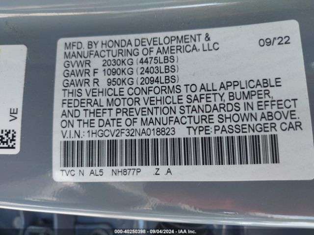 Photo 8 VIN: 1HGCV2F32NA018823 - HONDA ACCORD 