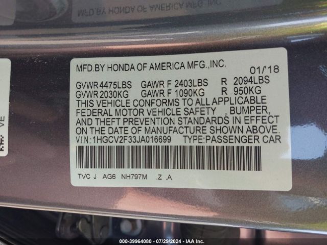 Photo 8 VIN: 1HGCV2F33JA016699 - HONDA ACCORD 