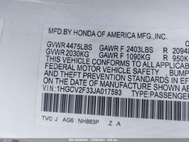 Photo 8 VIN: 1HGCV2F33JA017593 - HONDA ACCORD 