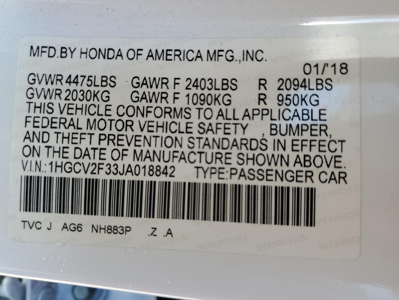 Photo 11 VIN: 1HGCV2F33JA018842 - HONDA ACCORD 