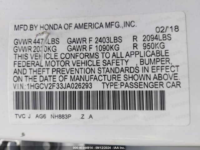 Photo 8 VIN: 1HGCV2F33JA026293 - HONDA ACCORD 