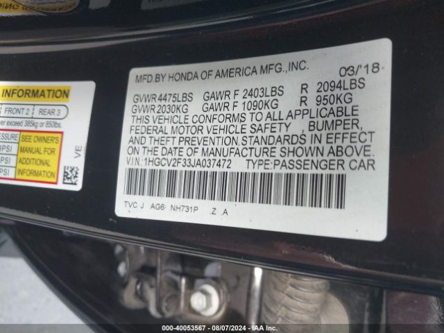 Photo 8 VIN: 1HGCV2F33JA037472 - HONDA ACCORD 