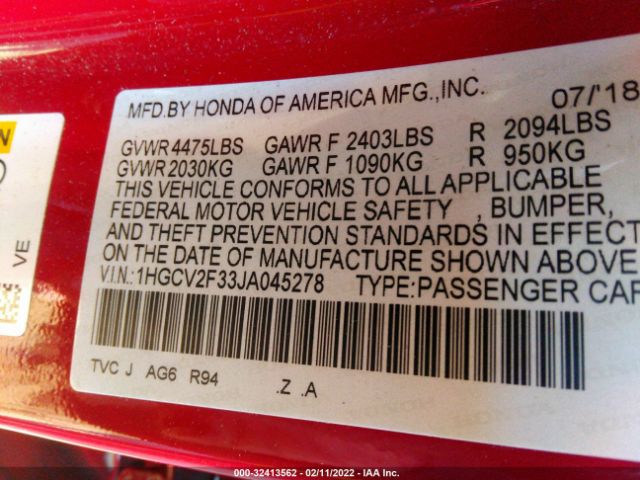 Photo 8 VIN: 1HGCV2F33JA045278 - HONDA ACCORD SEDAN 