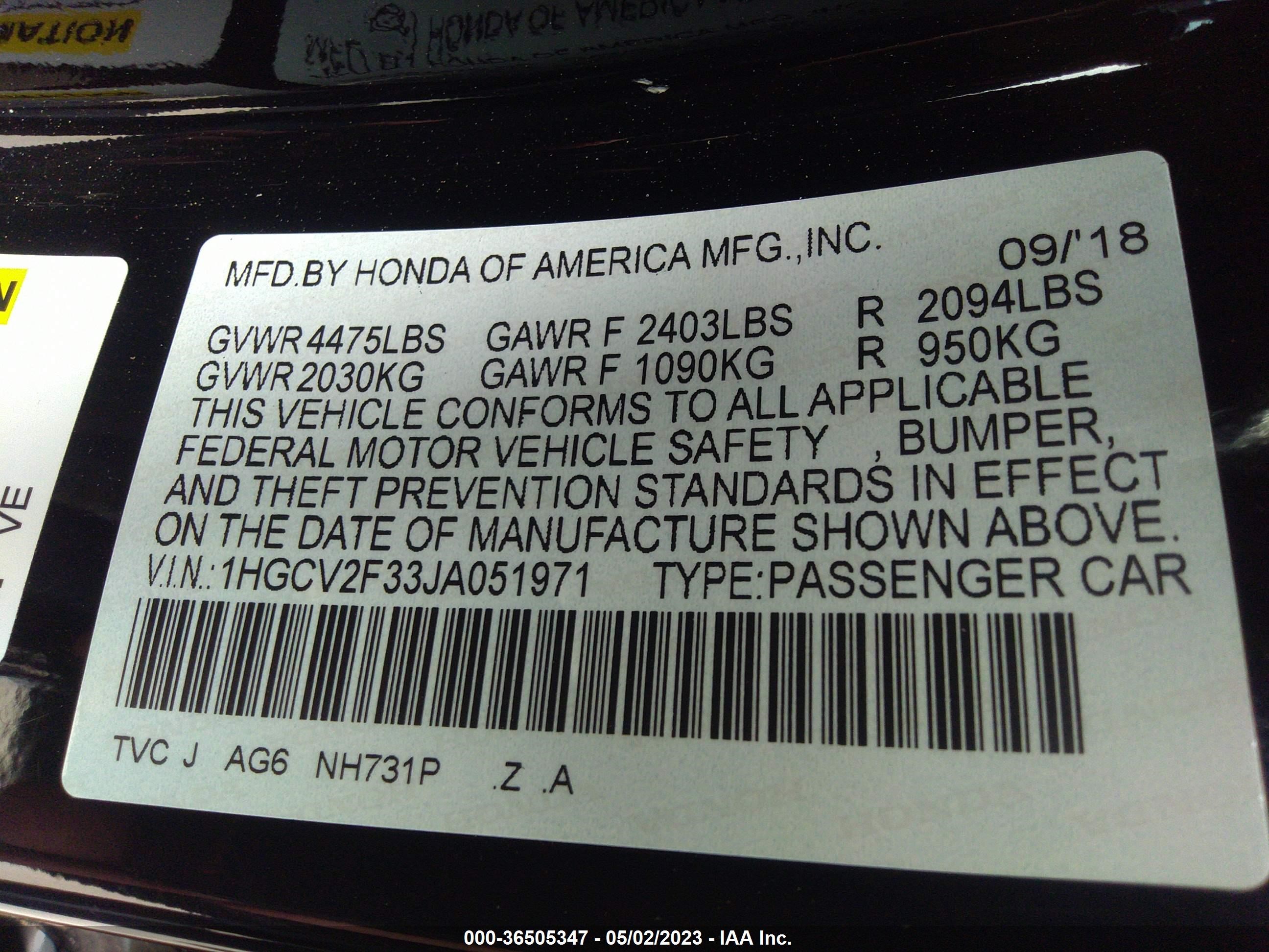 Photo 8 VIN: 1HGCV2F33JA051971 - HONDA ACCORD 