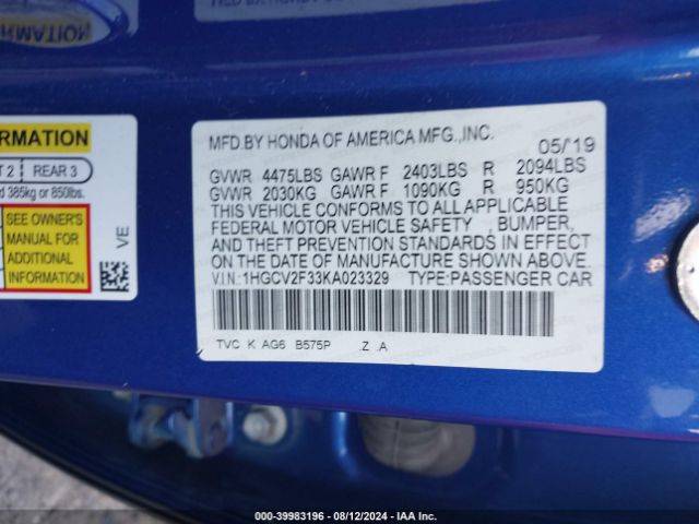 Photo 8 VIN: 1HGCV2F33KA023329 - HONDA ACCORD 