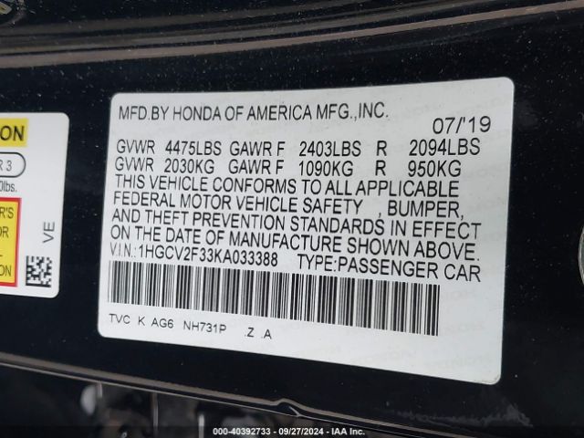 Photo 8 VIN: 1HGCV2F33KA033388 - HONDA ACCORD 