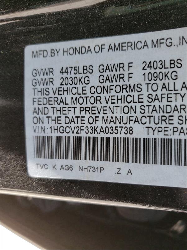 Photo 9 VIN: 1HGCV2F33KA035738 - HONDA ACCORD SPO 