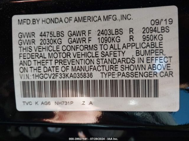 Photo 8 VIN: 1HGCV2F33KA035836 - HONDA ACCORD 