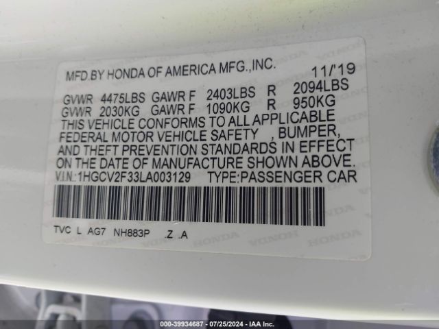 Photo 8 VIN: 1HGCV2F33LA003129 - HONDA ACCORD 