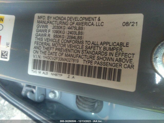 Photo 8 VIN: 1HGCV2F33MA027819 - HONDA ACCORD 