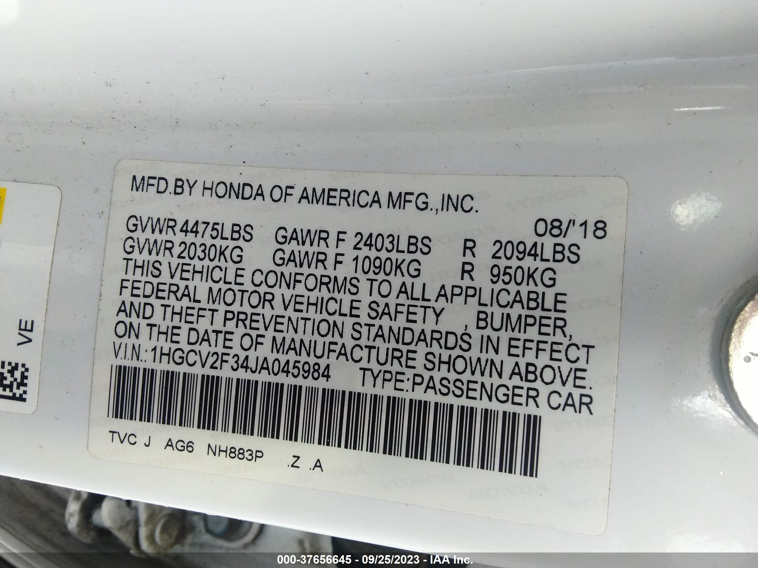 Photo 8 VIN: 1HGCV2F34JA045984 - HONDA ACCORD 