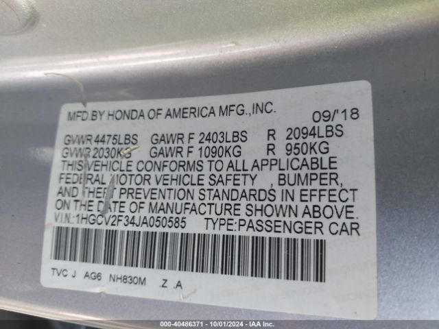 Photo 8 VIN: 1HGCV2F34JA050585 - HONDA ACCORD 