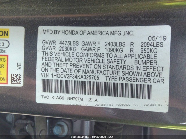 Photo 8 VIN: 1HGCV2F34KA025705 - HONDA ACCORD SEDAN 