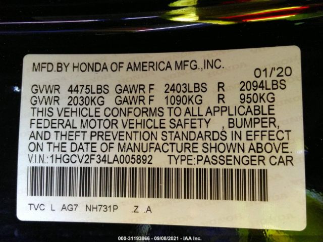 Photo 8 VIN: 1HGCV2F34LA005892 - HONDA ACCORD 