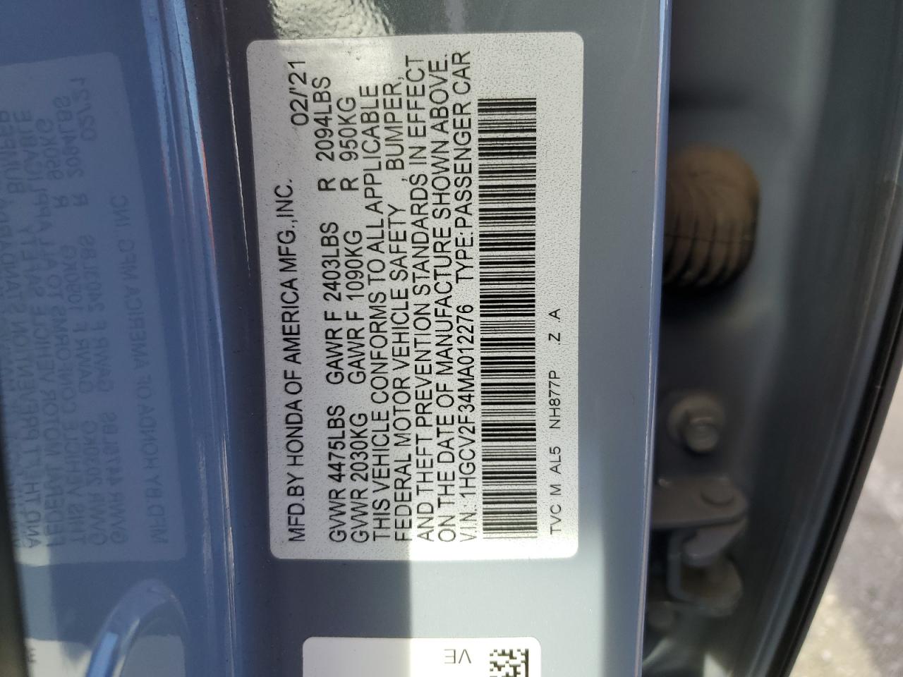 Photo 11 VIN: 1HGCV2F34MA012276 - HONDA ACCORD 