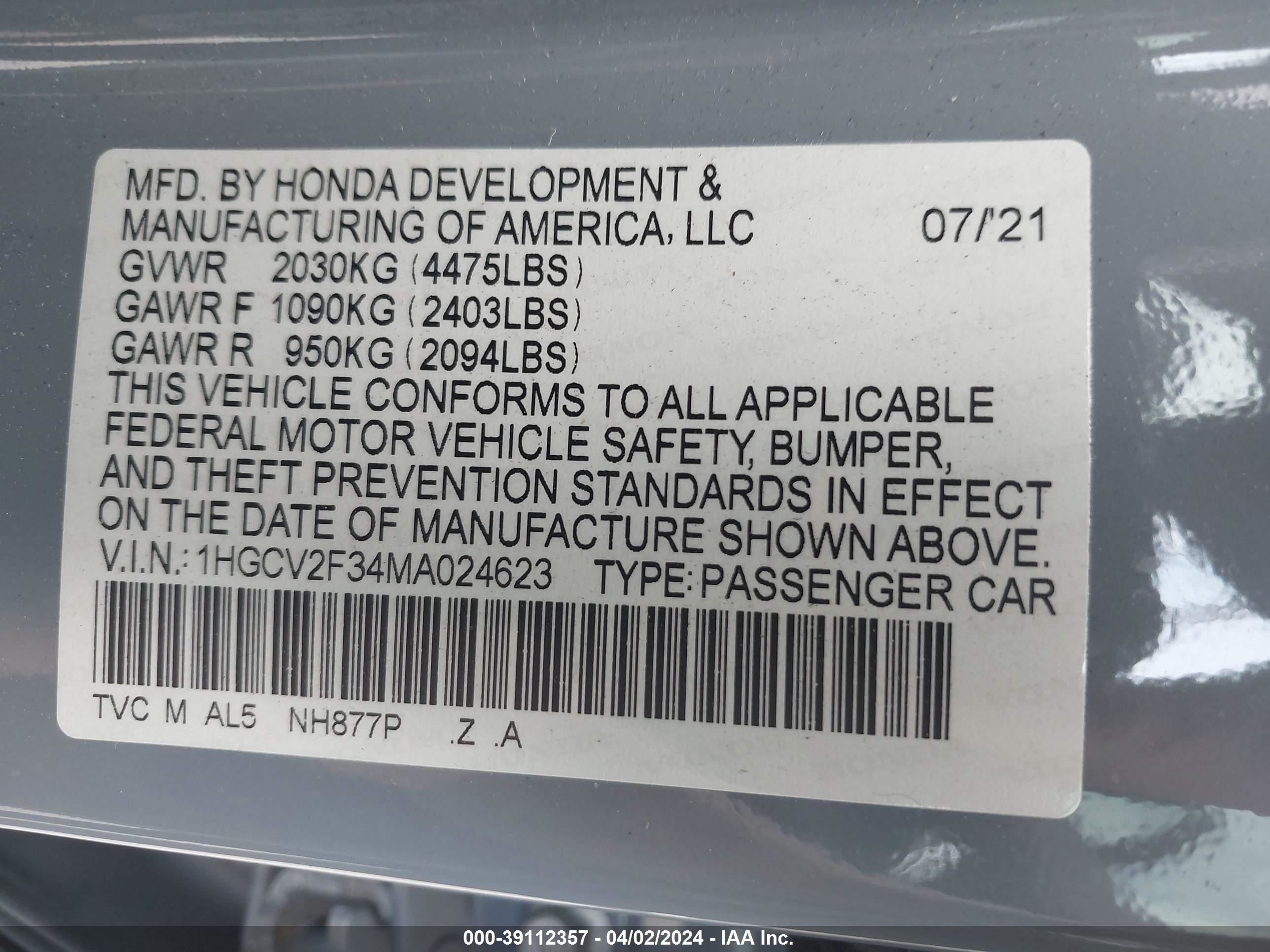 Photo 8 VIN: 1HGCV2F34MA024623 - HONDA ACCORD 