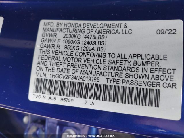 Photo 8 VIN: 1HGCV2F34NA019195 - HONDA ACCORD 